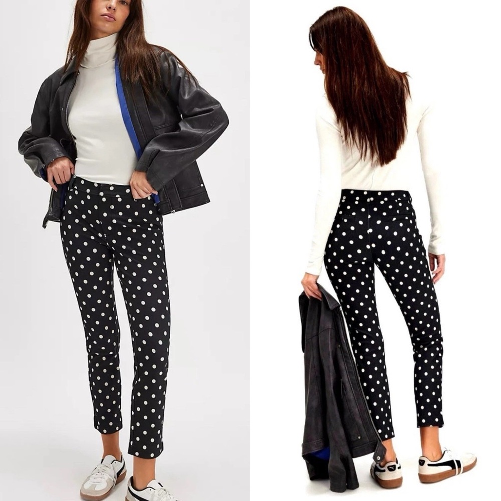 Free People Molly Printed Polka Dot Slim Pants Black and White Size 0 New